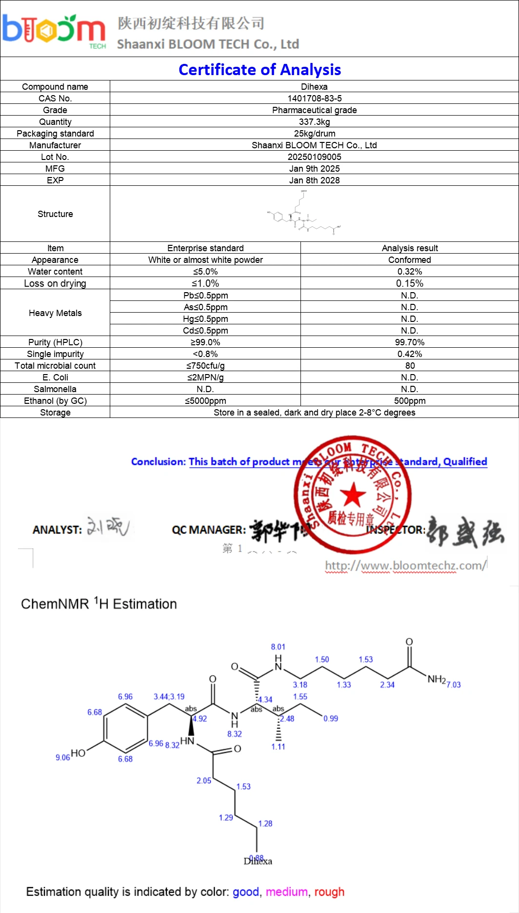 Dihexa Peptide COA | Shaanxi BLOOM Tech Co., Ltd Dihexa Peptide COA | Shaanxi BLOOM Tech Co., Ltd